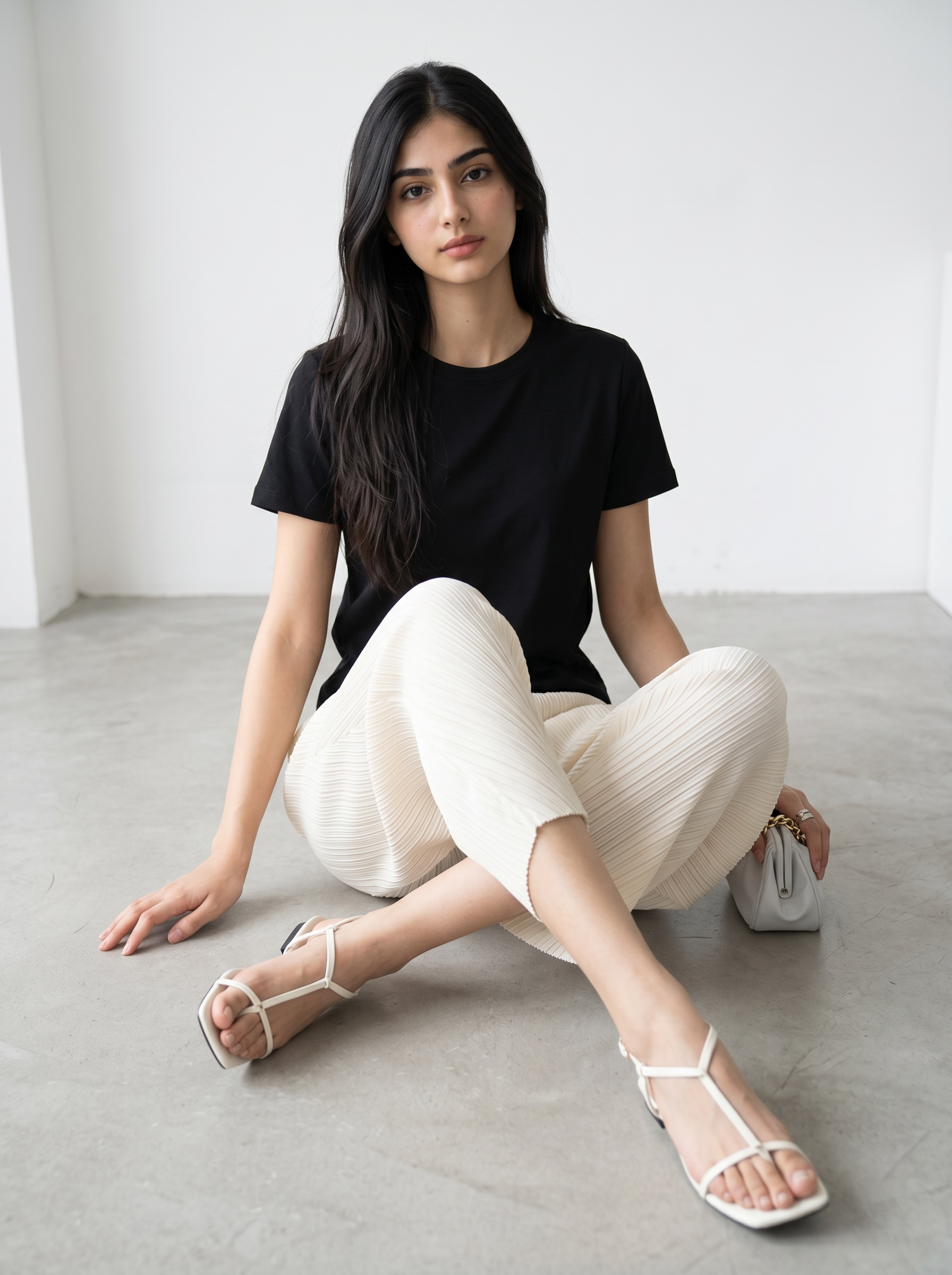 Pleated Wide Leg Leaf Pants (Cream)