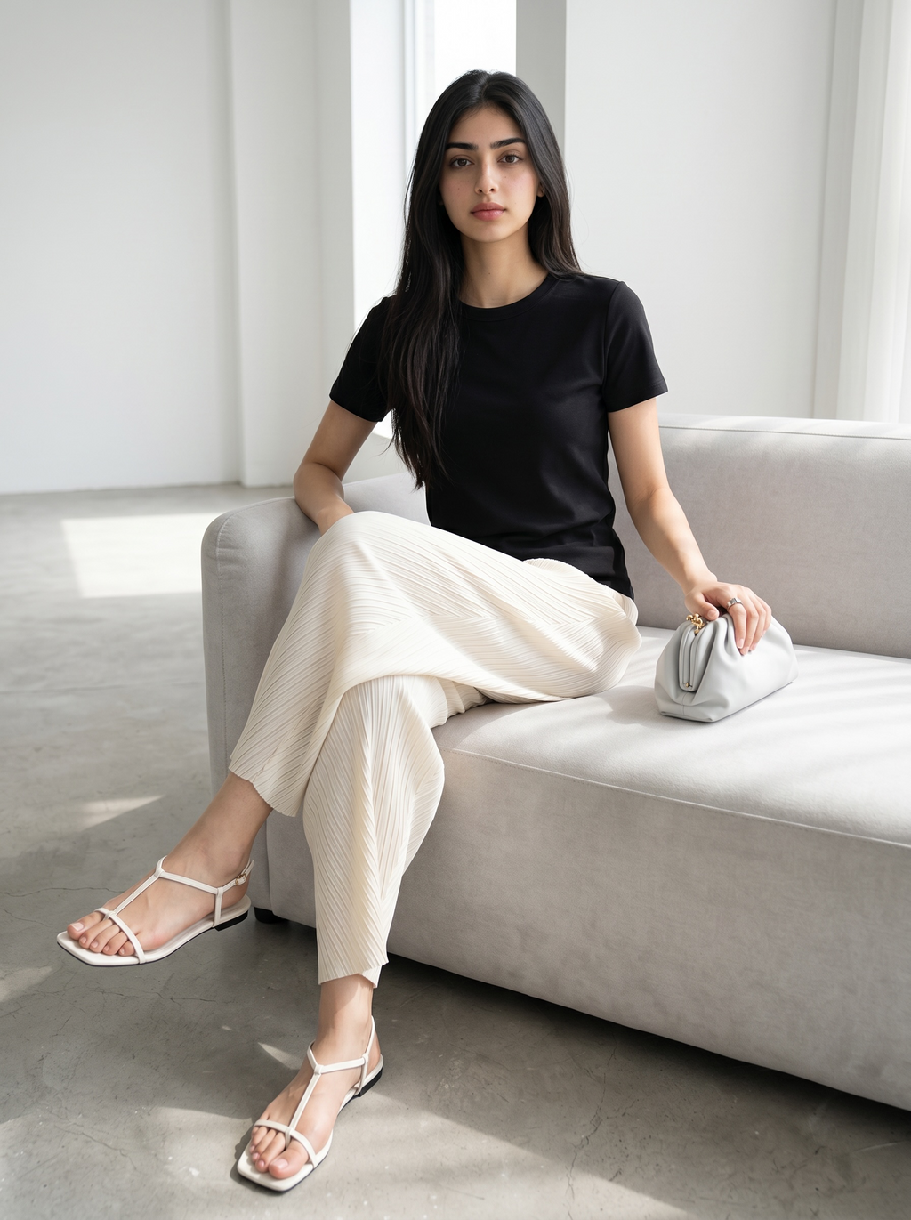 Pleated Wide Leg Leaf Pants (Cream)