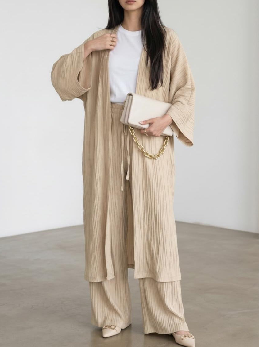 Long Kimono Co-ord Set – Wide Leg Pants (Sand)