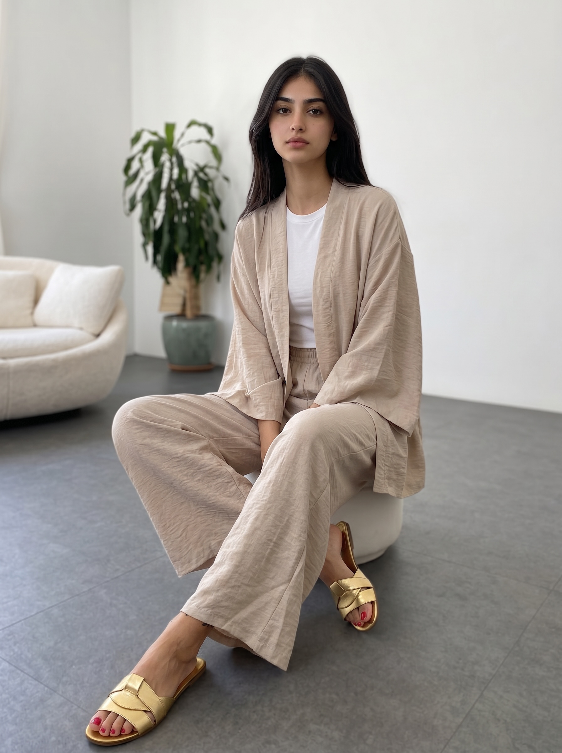 Short Kimono Co-ord Set – Wide Leg Pants (Beige)