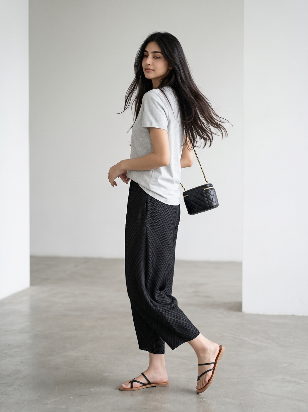 Pleated Wide Leg Leaf Pants (Black)