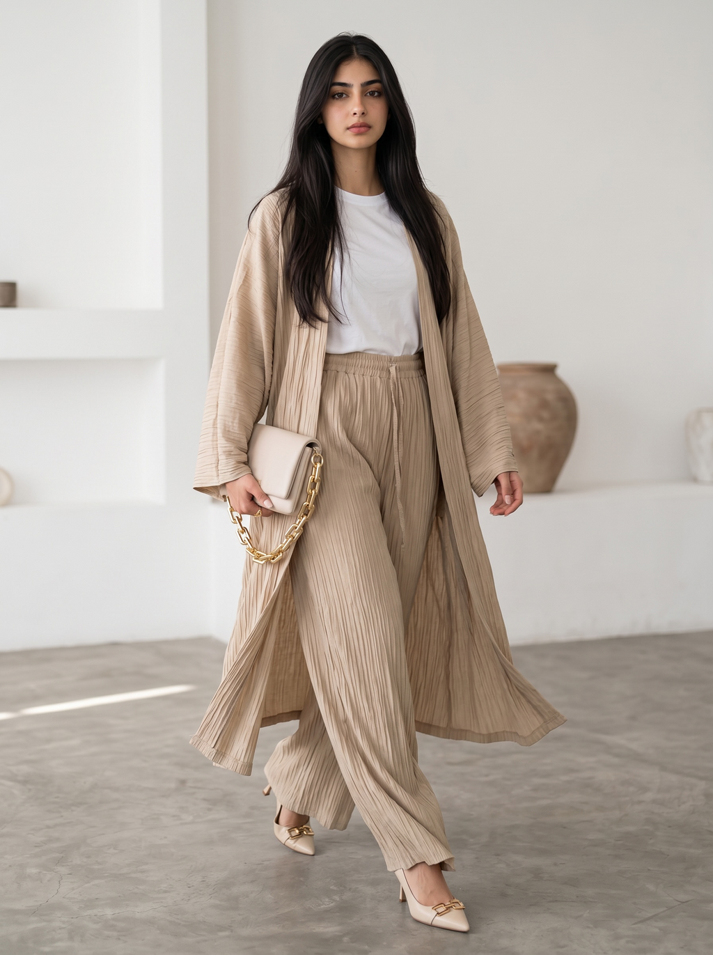 Long Kimono Co-ord Set – Wide Leg Pants (Sand)