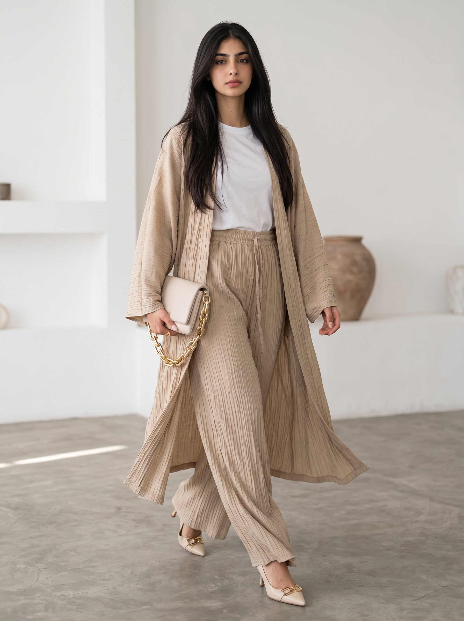 Long Kimono Co-ord Set – Wide Leg Pants (Sand)