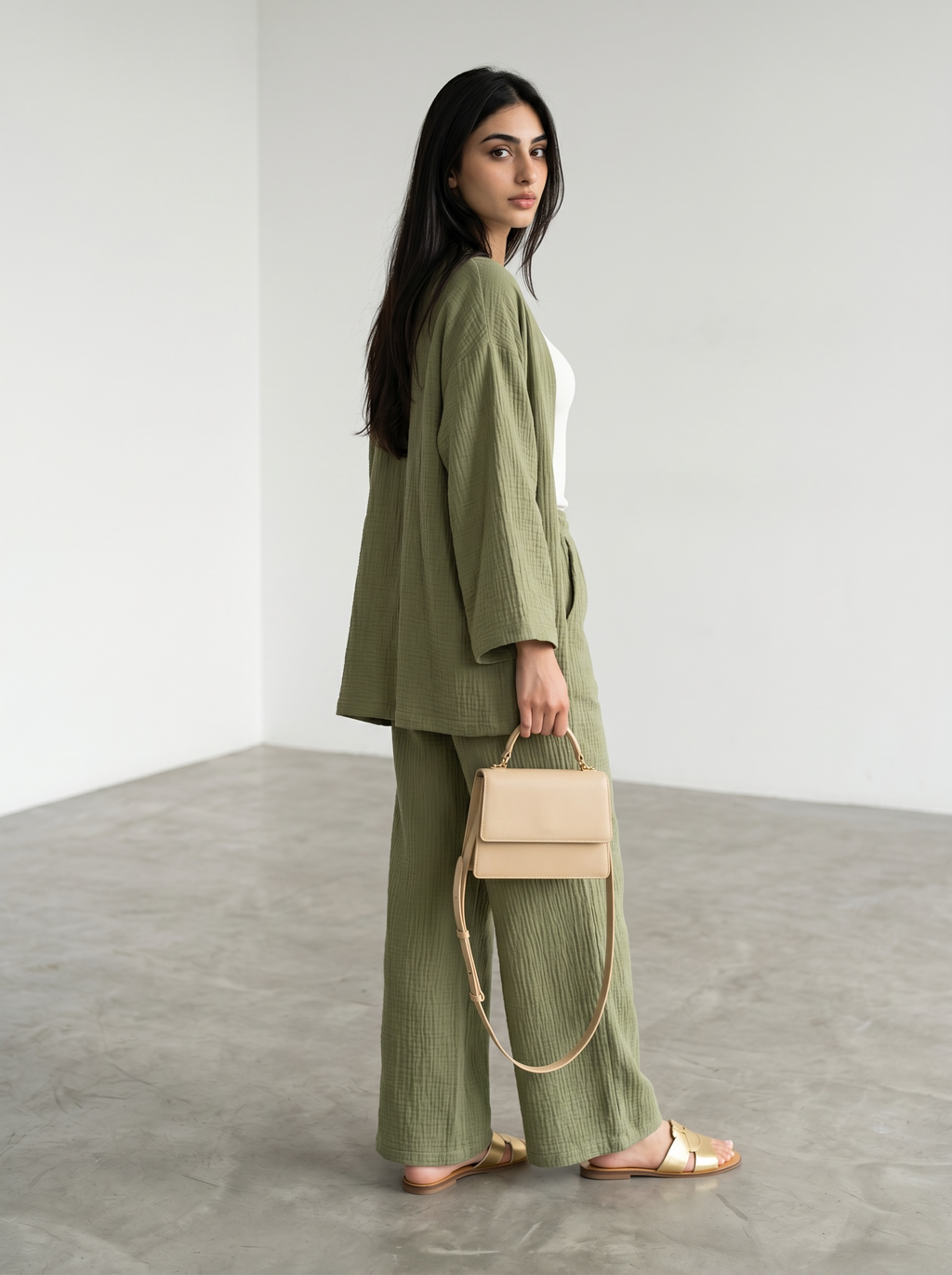 Short Kimono Co-ord Set – Wide Leg Pants (Green)
