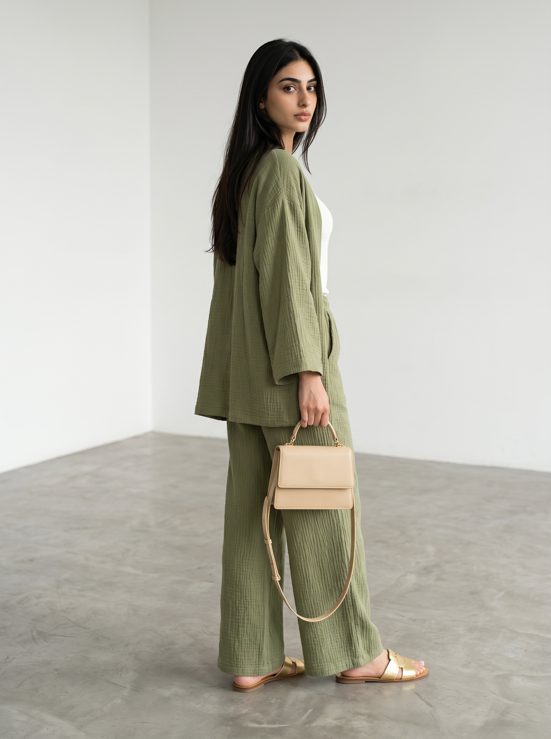 Short Kimono Co-ord Set – Wide Leg Pants (Green)